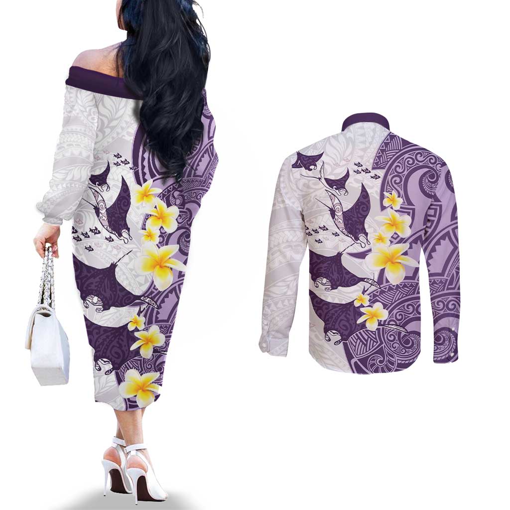 Maori Manta Ray Plumeria Deep Purple Couples Matching Off The Shoulder Long Sleeve Dress and Long Sleeve Button Shirt
