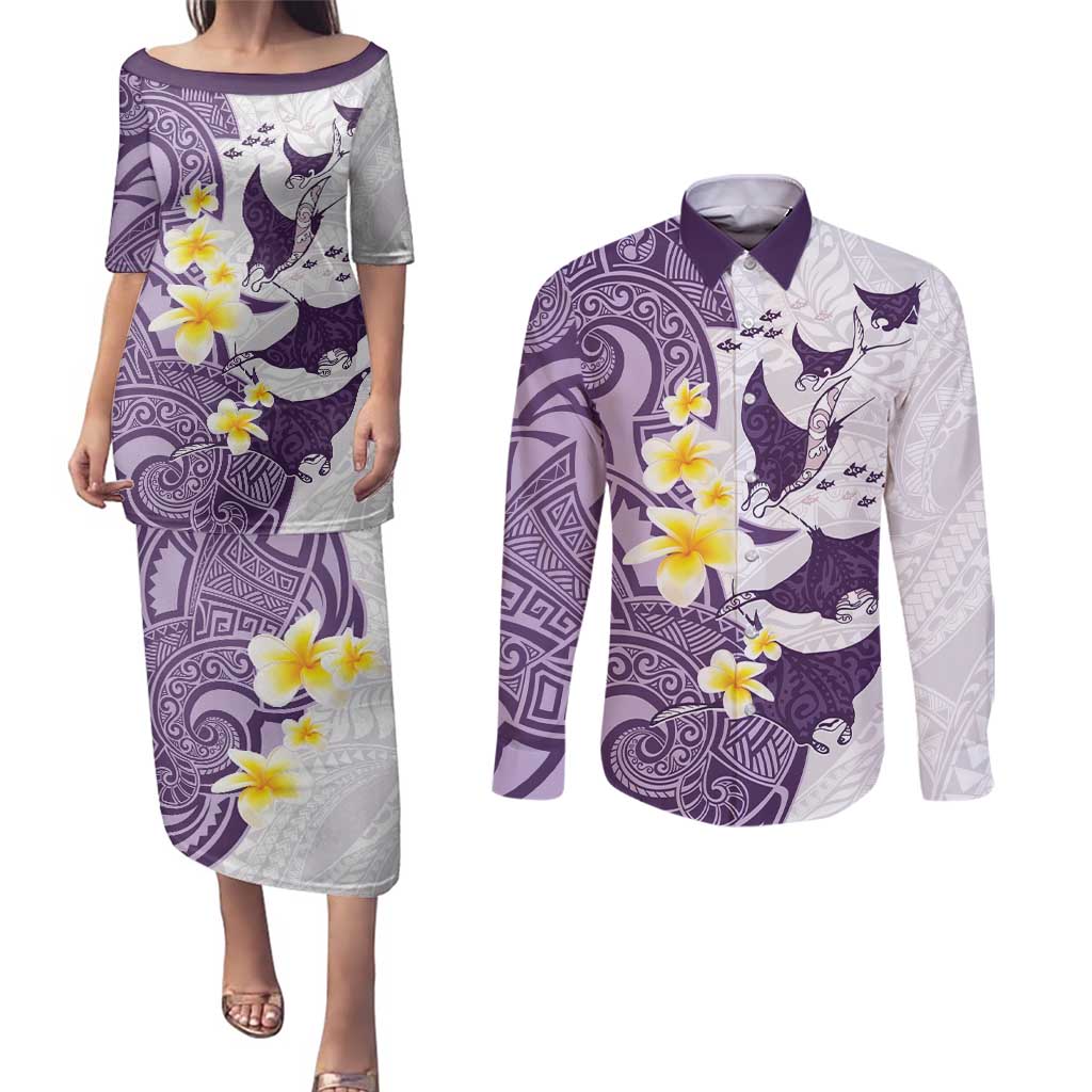 Maori Manta Ray Plumeria Deep Purple Couples Matching Puletasi and Long Sleeve Button Shirt