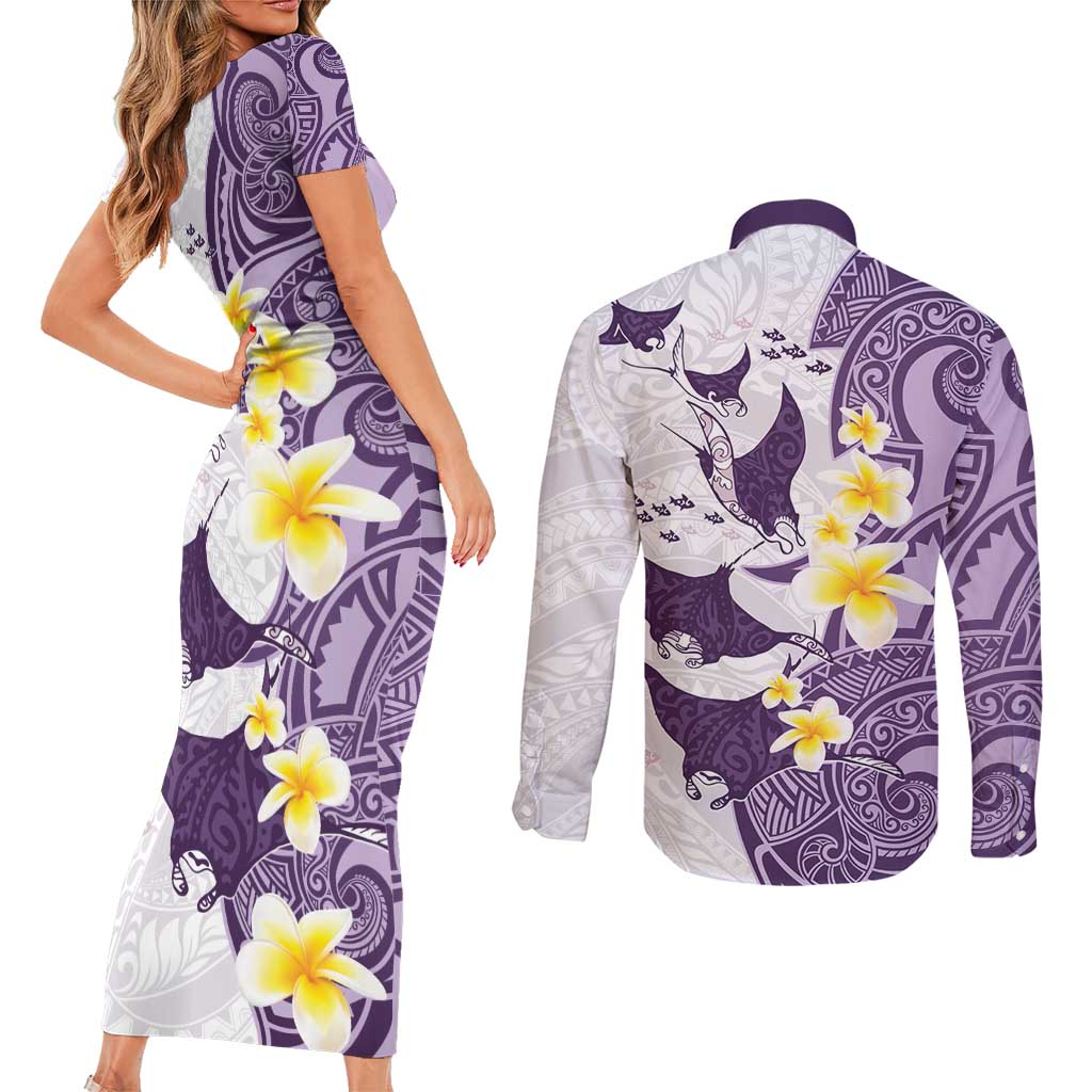 Maori Manta Ray Plumeria Deep Purple Couples Matching Short Sleeve Bodycon Dress and Long Sleeve Button Shirt