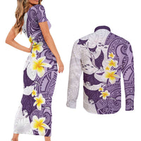 Maori Manta Ray Plumeria Deep Purple Couples Matching Short Sleeve Bodycon Dress and Long Sleeve Button Shirt
