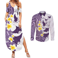 Maori Manta Ray Plumeria Deep Purple Couples Matching Summer Maxi Dress and Long Sleeve Button Shirt