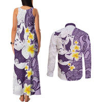 Maori Manta Ray Plumeria Deep Purple Couples Matching Tank Maxi Dress and Long Sleeve Button Shirt