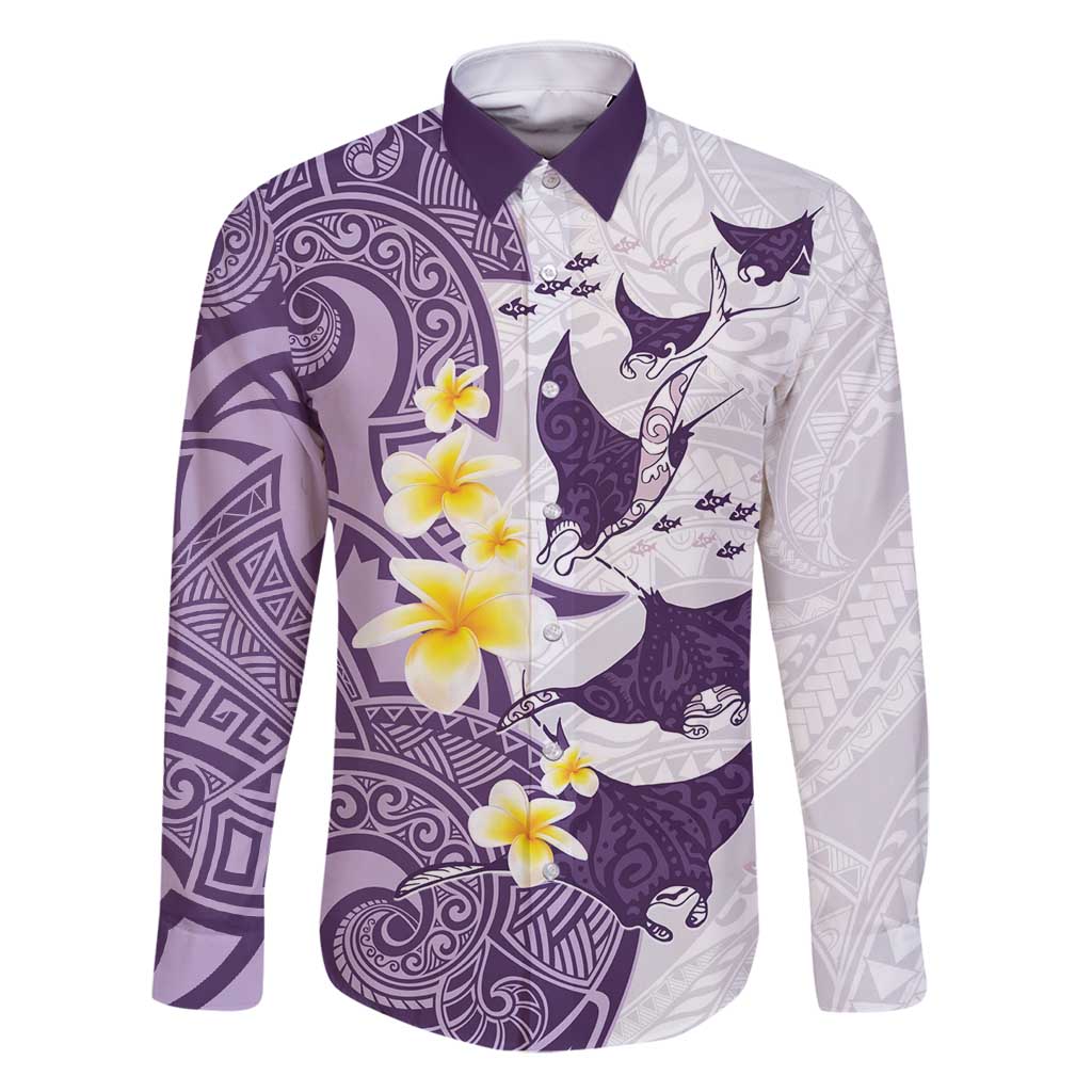 Maori Manta Ray Plumeria Deep Purple Family Matching Mermaid Dress and Hawaiian Shirt LT01 Dad's Shirt - Long Sleeve Purple - Polynesian Pride