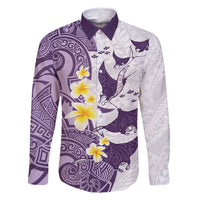 Maori Manta Ray Plumeria Deep Purple Family Matching Off Shoulder Short Dress and Hawaiian Shirt