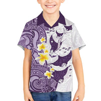 Maori Manta Ray Plumeria Deep Purple Family Matching Off Shoulder Short Dress and Hawaiian Shirt