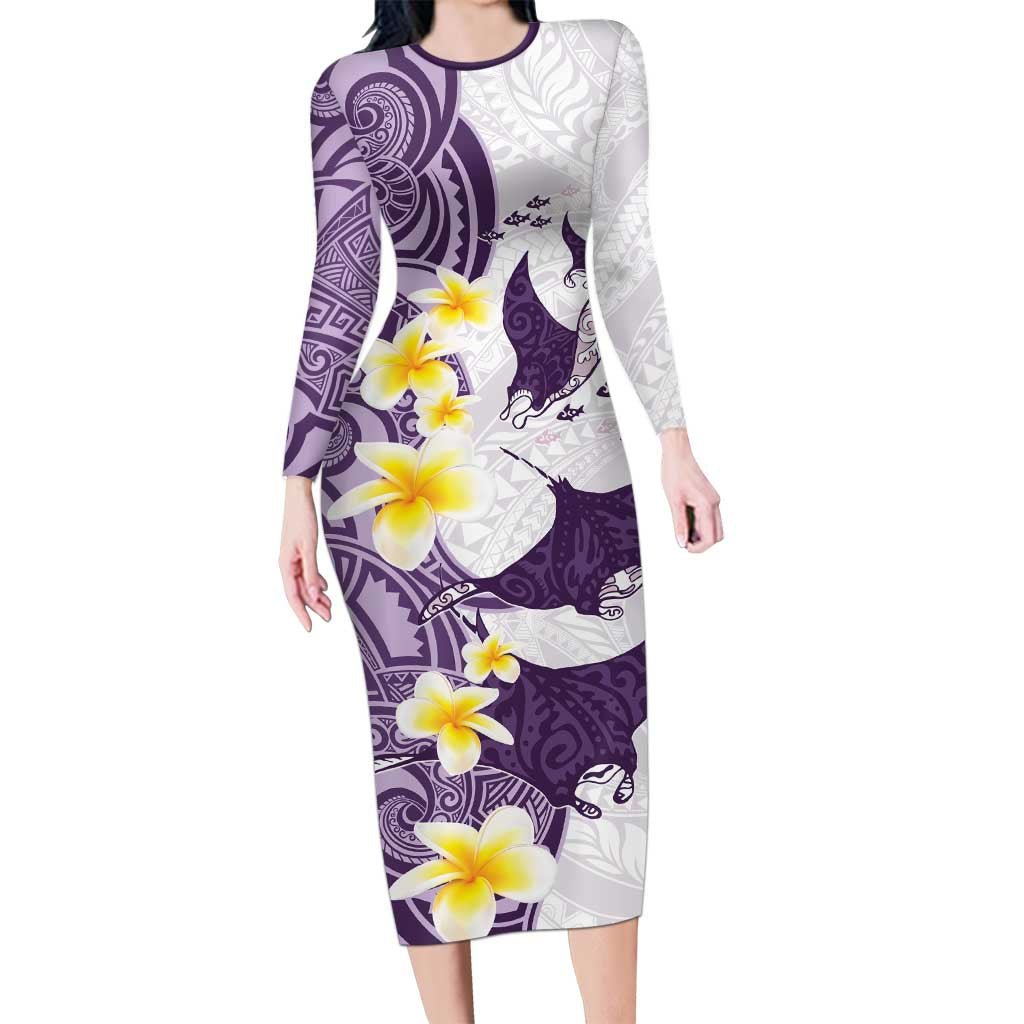 Maori Manta Ray Plumeria Deep Purple Long Sleeve Bodycon Dress LT01 Long Dress Purple - Polynesian Pride