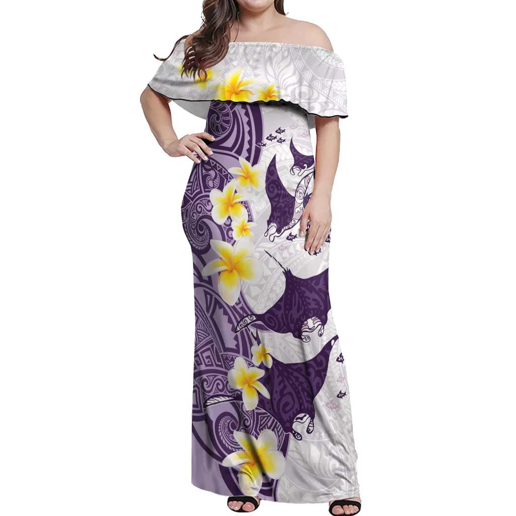 Maori Manta Ray Plumeria Deep Purple Off Shoulder Maxi Dress