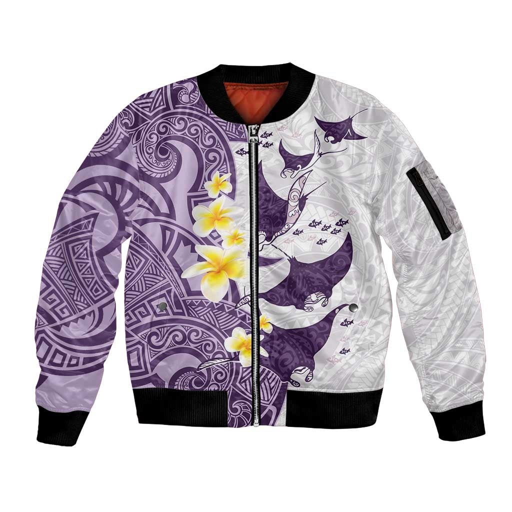 Maori Manta Ray Plumeria Deep Purple Sleeve Zip Bomber Jacket LT01 Unisex Purple - Polynesian Pride