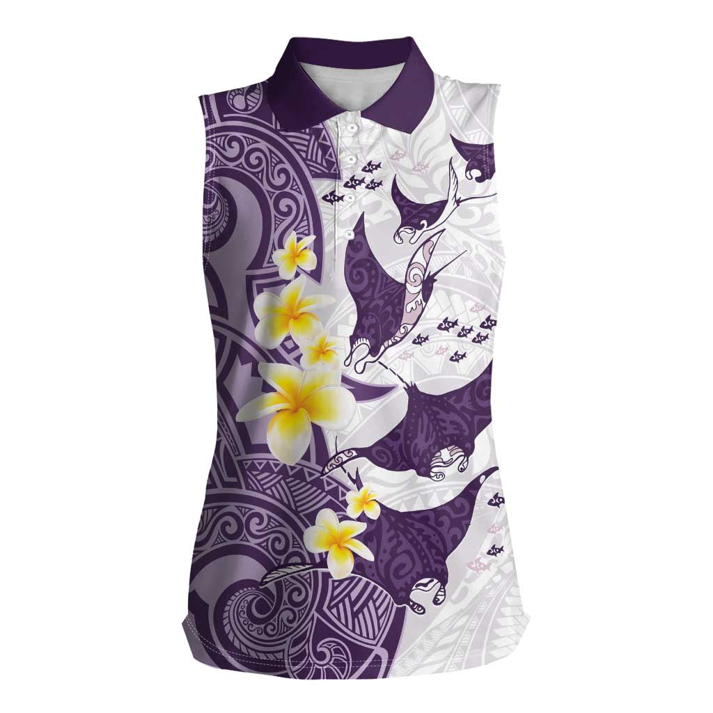 Maori Manta Ray Plumeria Deep Purple Women Sleeveless Polo Shirt LT01 Female Purple - Polynesian Pride
