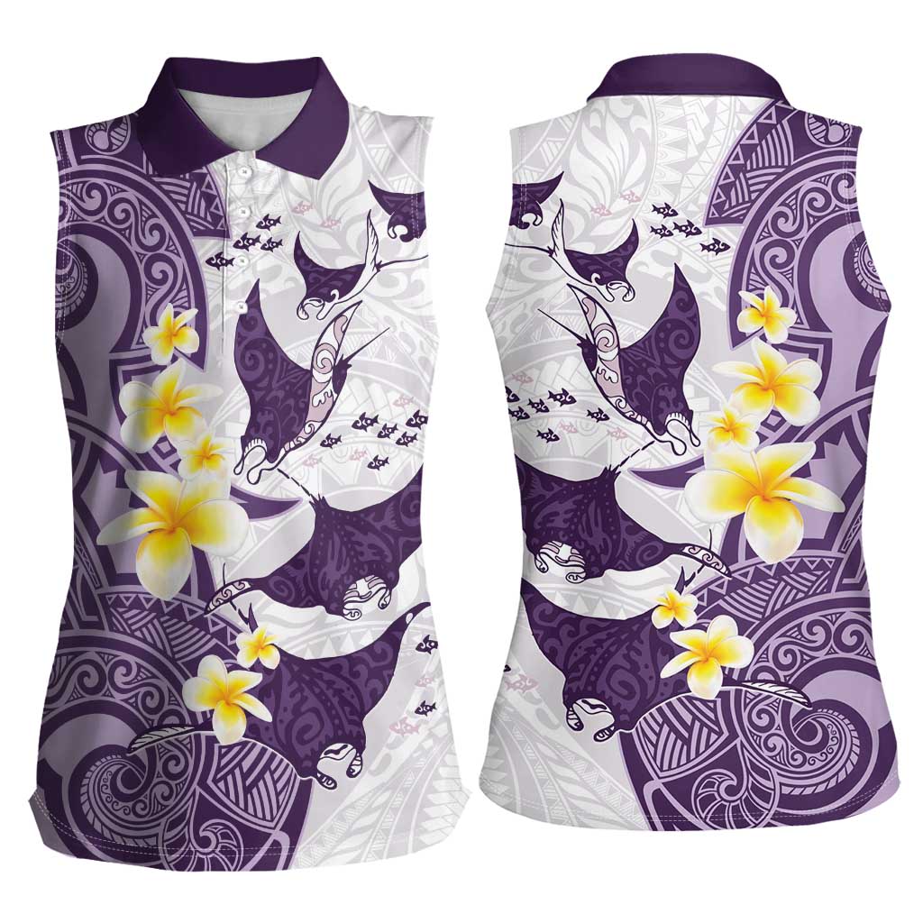 Maori Manta Ray Plumeria Deep Purple Women Sleeveless Polo Shirt LT01 - Polynesian Pride