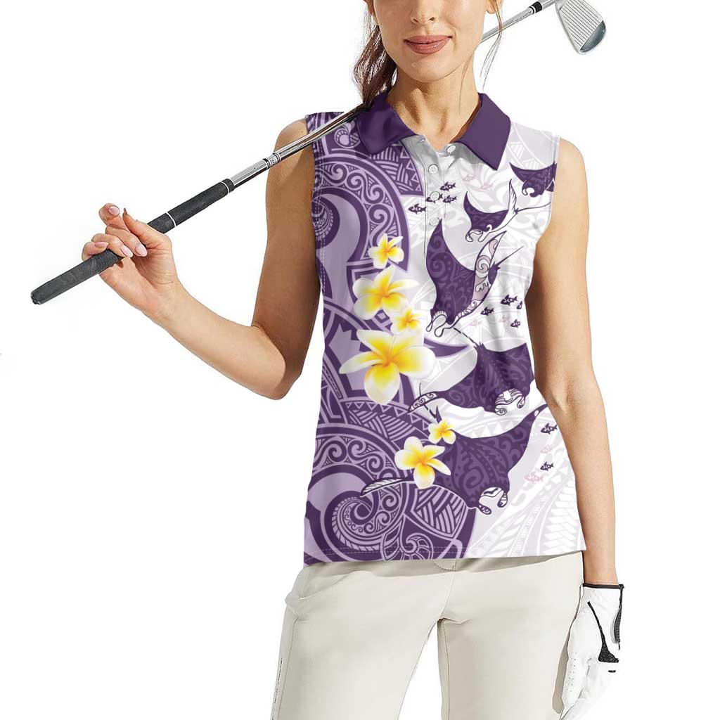 Maori Manta Ray Plumeria Deep Purple Women Sleeveless Polo Shirt LT01 - Polynesian Pride