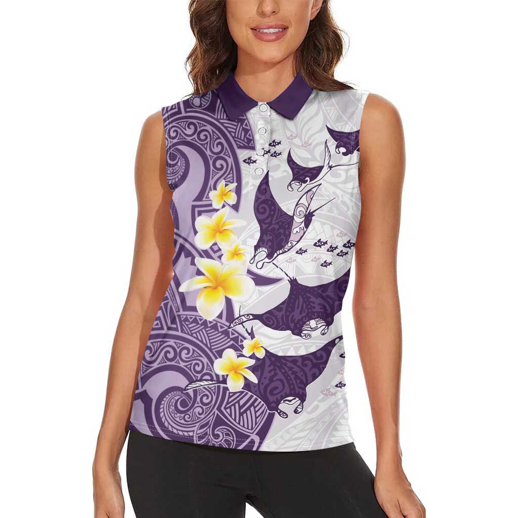 Maori Manta Ray Plumeria Deep Purple Women Sleeveless Polo Shirt LT01 - Polynesian Pride