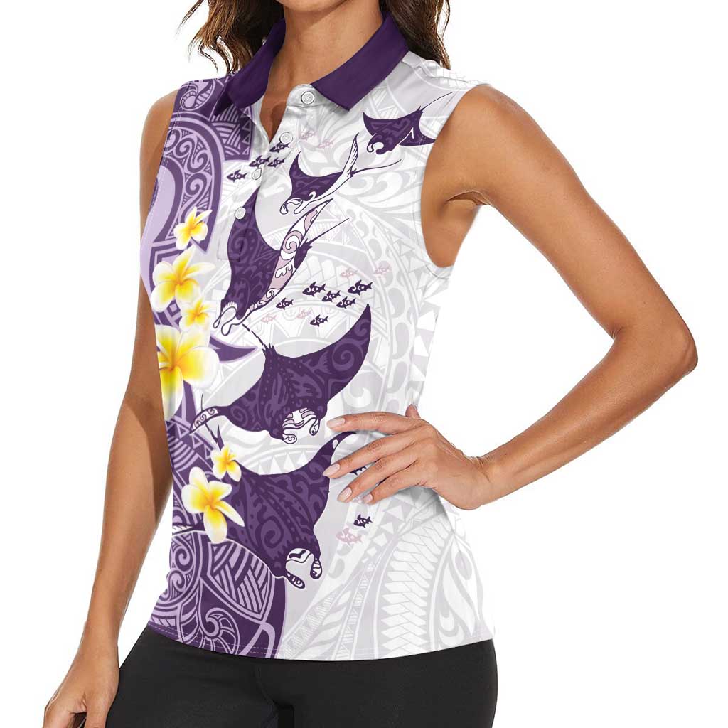 Maori Manta Ray Plumeria Deep Purple Women Sleeveless Polo Shirt LT01 - Polynesian Pride