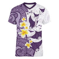 Maori Manta Ray Plumeria Deep Purple Women V-Neck T-Shirt