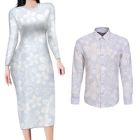 Plumeria Floral White Sunday Couples Matching Long Sleeve Bodycon Dress and Long Sleeve Button Shirt