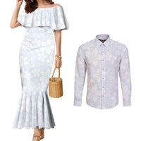 Plumeria Floral White Sunday Couples Matching Mermaid Dress and Long Sleeve Button Shirt