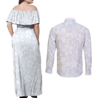 Plumeria Floral White Sunday Couples Matching Off Shoulder Maxi Dress and Long Sleeve Button Shirt