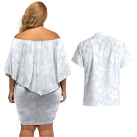 Plumeria Floral White Sunday Couples Matching Off Shoulder Short Dress and Hawaiian Shirt