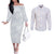 Plumeria Floral White Sunday Couples Matching Off The Shoulder Long Sleeve Dress and Long Sleeve Button Shirt