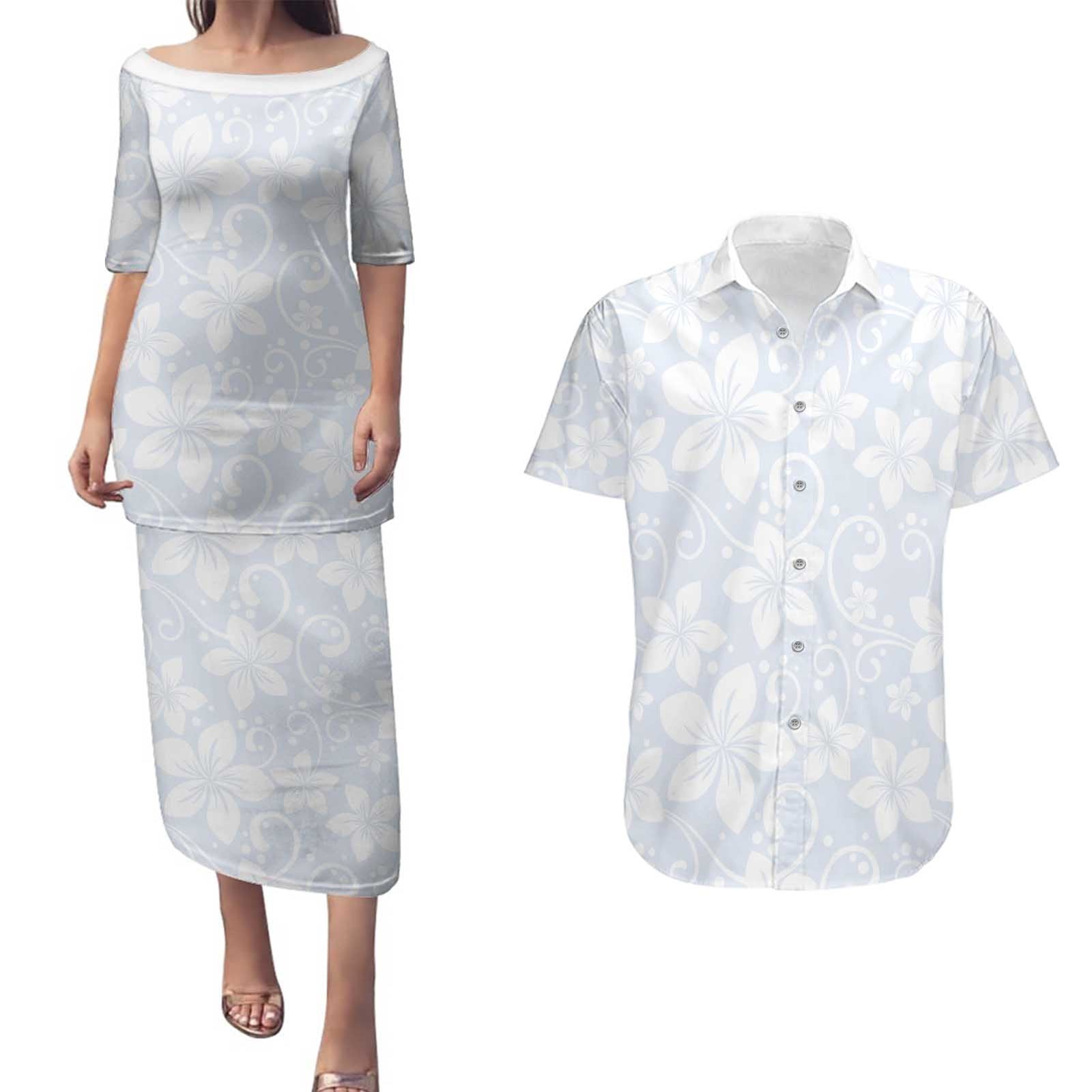 Plumeria Floral White Sunday Couples Matching Puletasi and Hawaiian Shirt LT01 White - Polynesian Pride