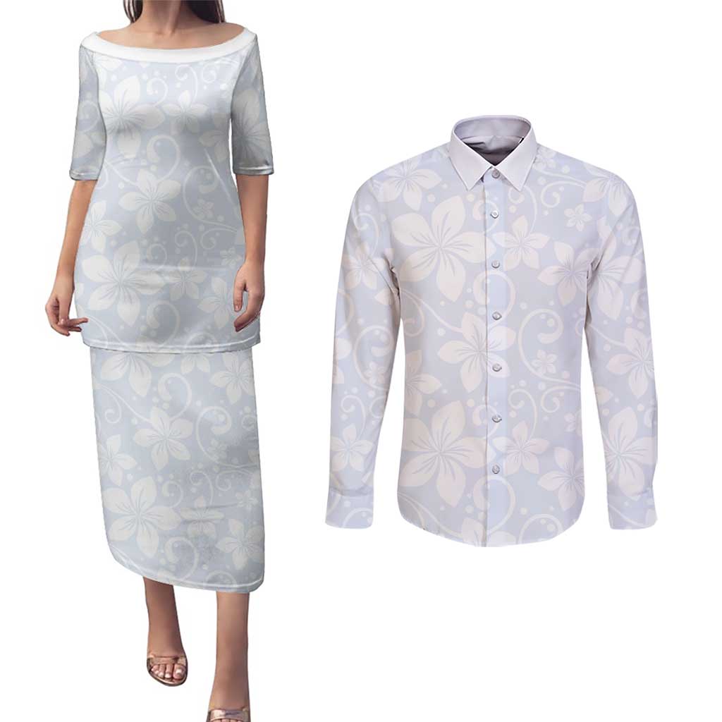 Plumeria Floral White Sunday Couples Matching Puletasi and Long Sleeve Button Shirt