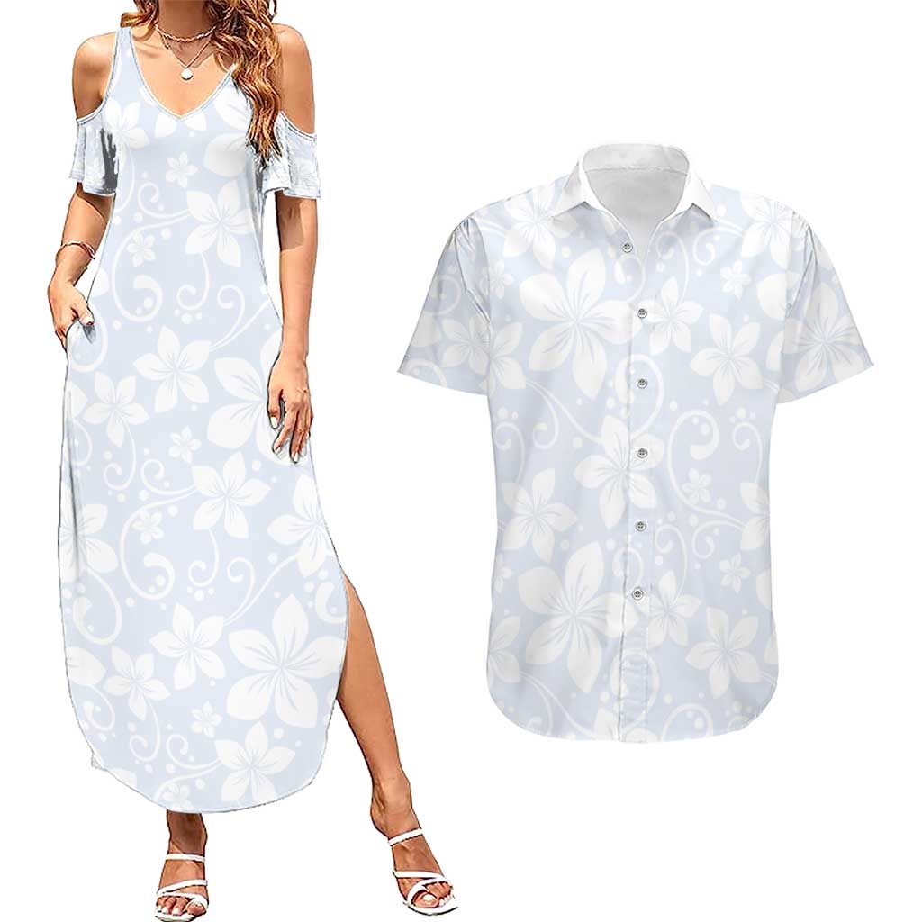 Plumeria Floral White Sunday Couples Matching Summer Maxi Dress and Hawaiian Shirt