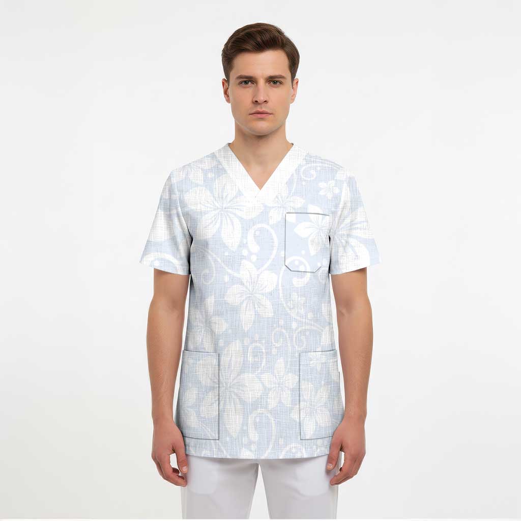Plumeria Floral White Sunday Scrub Top - Polynesian Pride
