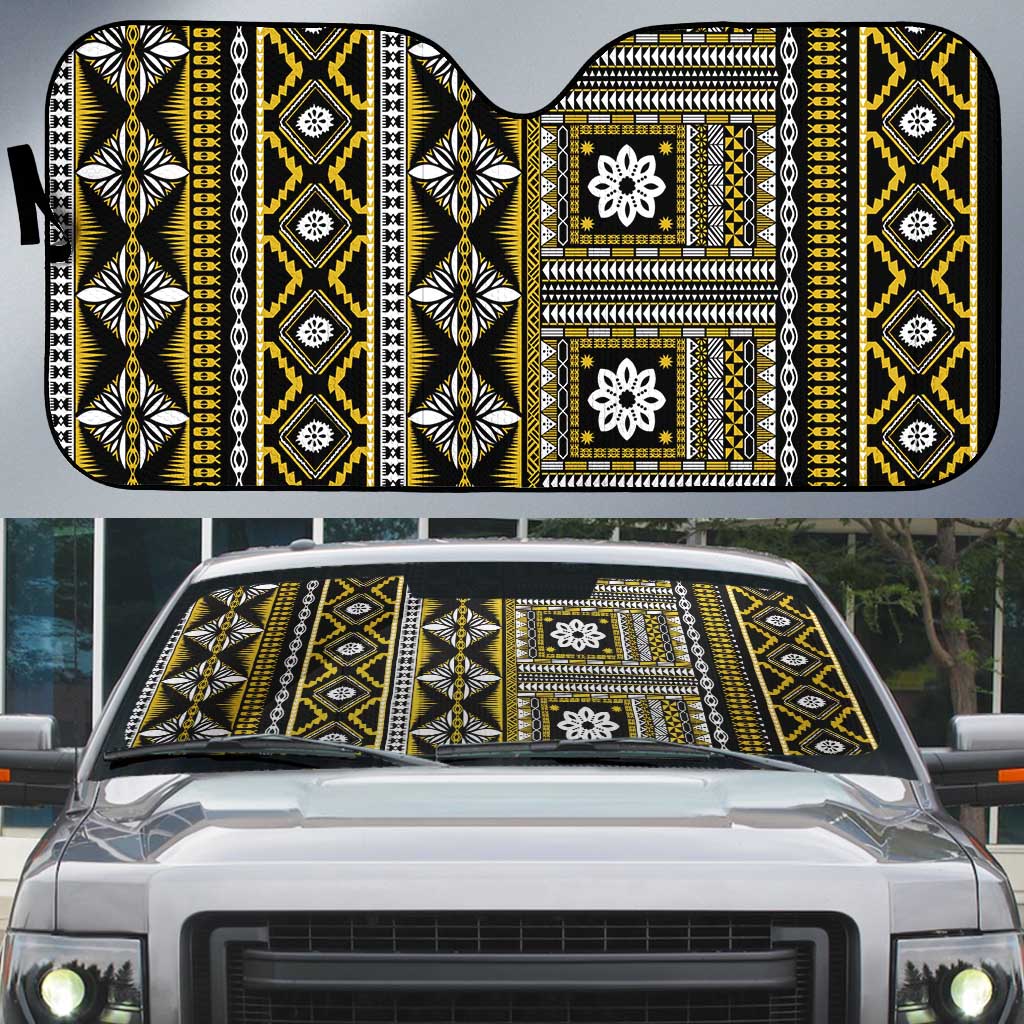 Fiji Masi Tapa Pattern Yellow Auto Sun Shade - Polynesian Pride