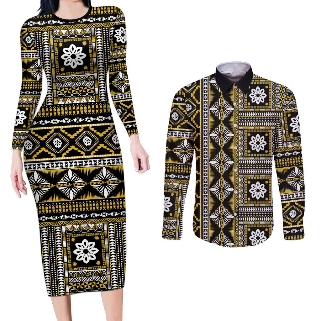 Fiji Masi Tapa Pattern Yellow Couples Matching Long Sleeve Bodycon Dress and Long Sleeve Button Shirt - Polynesian Pride