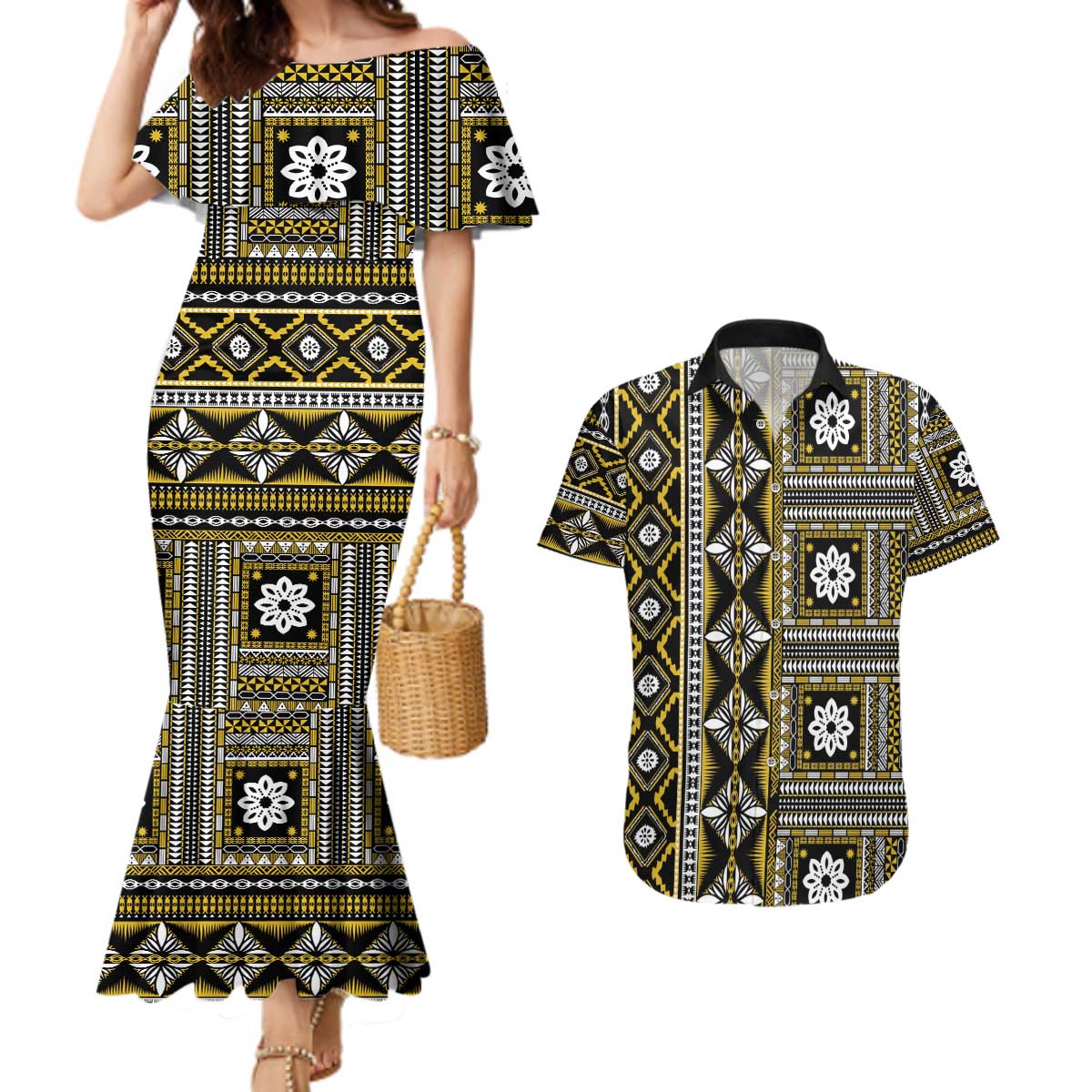 Fiji Masi Tapa Pattern Yellow Couples Matching Mermaid Dress and Hawaiian Shirt - Polynesian Pride