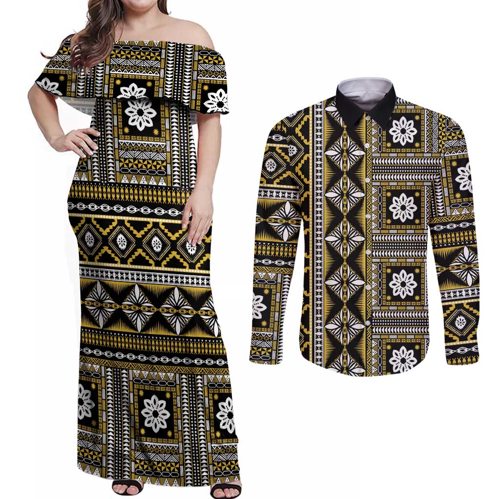 Fiji Masi Tapa Pattern Yellow Couples Matching Off Shoulder Maxi Dress and Long Sleeve Button Shirt - Polynesian Pride