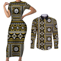 Fiji Masi Tapa Pattern Yellow Couples Matching Short Sleeve Bodycon Dress and Long Sleeve Button Shirt - Polynesian Pride