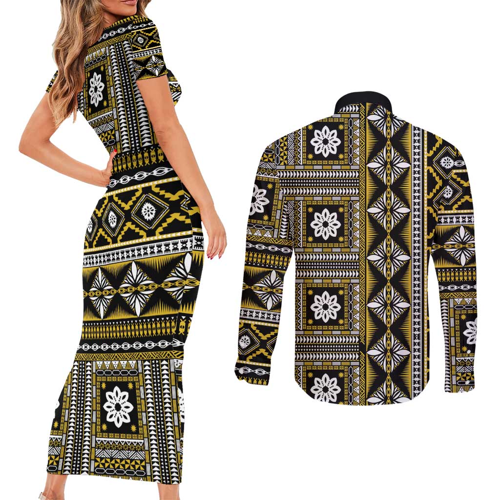 Fiji Masi Tapa Pattern Yellow Couples Matching Short Sleeve Bodycon Dress and Long Sleeve Button Shirt - Polynesian Pride