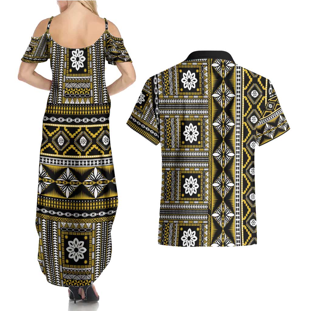 Fiji Masi Tapa Pattern Yellow Couples Matching Summer Maxi Dress and Hawaiian Shirt - Polynesian Pride