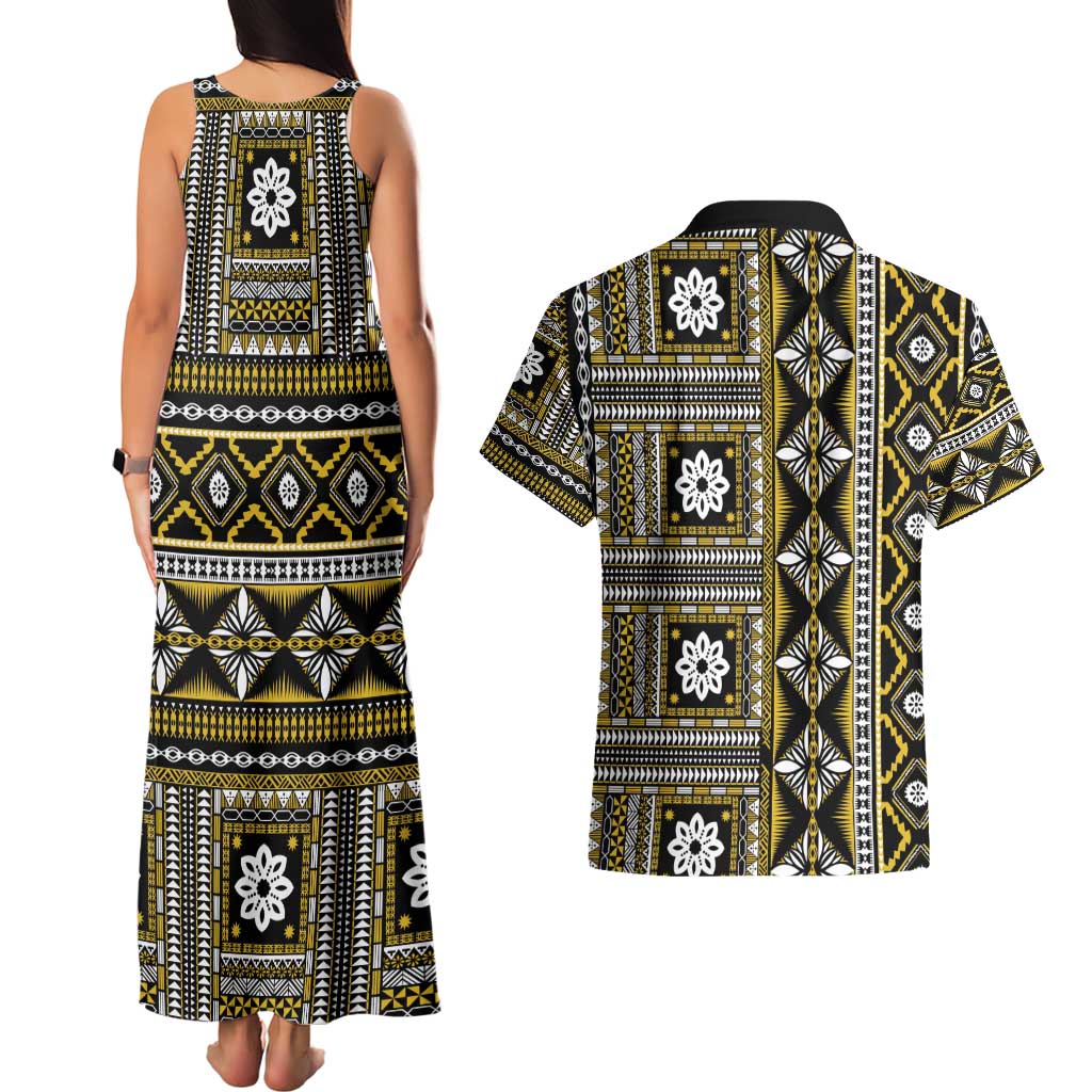 Fiji Masi Tapa Pattern Yellow Couples Matching Tank Maxi Dress and Hawaiian Shirt - Polynesian Pride