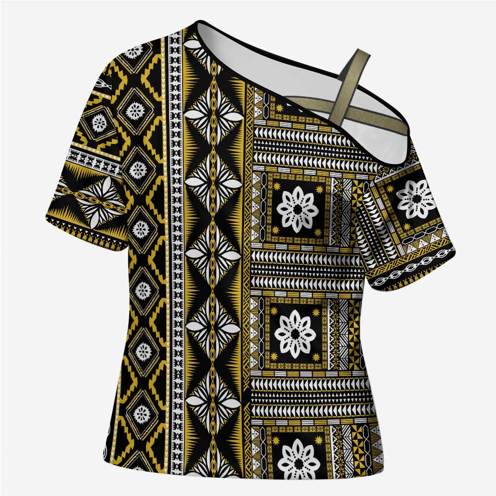 Fiji Masi Tapa Pattern Yellow Cross Shoulder Shirt - Polynesian Pride