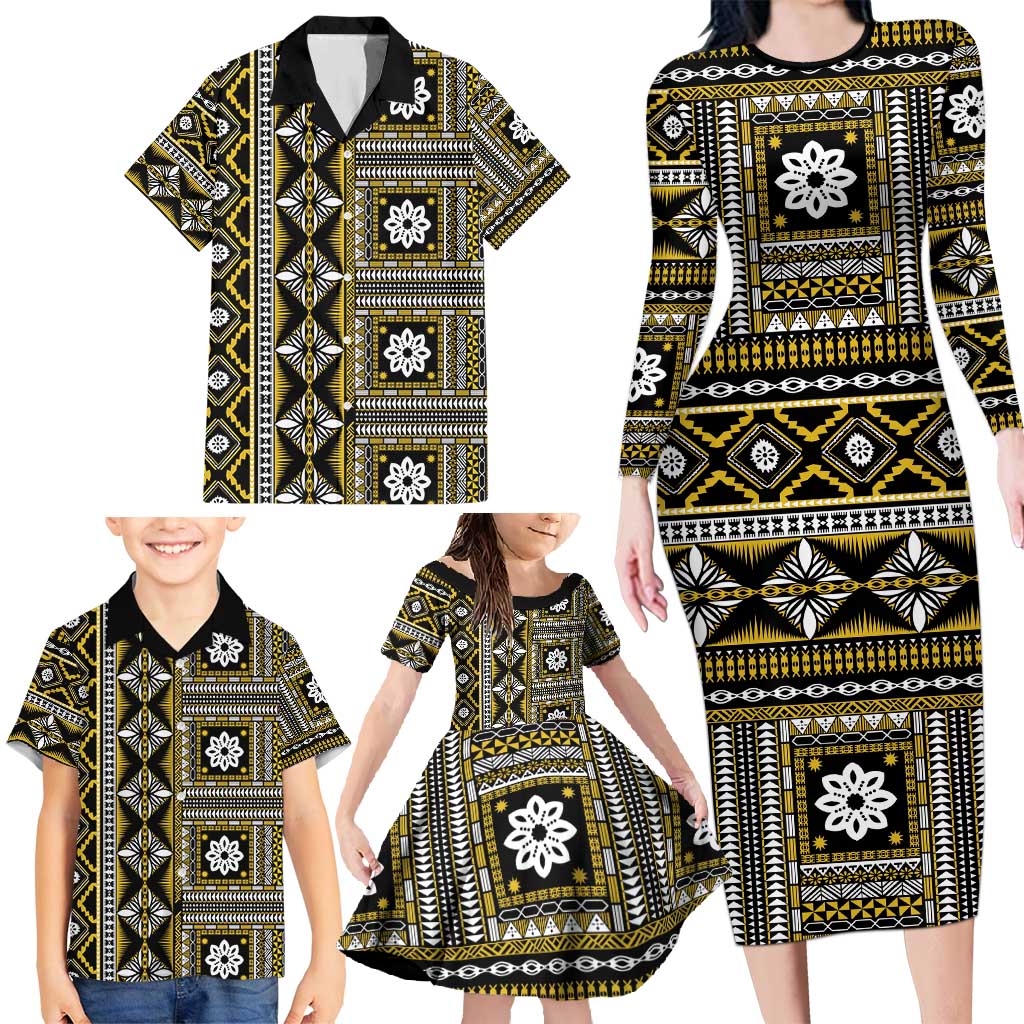 Fiji Masi Tapa Pattern Yellow Family Matching Long Sleeve Bodycon Dress and Hawaiian Shirt - Polynesian Pride