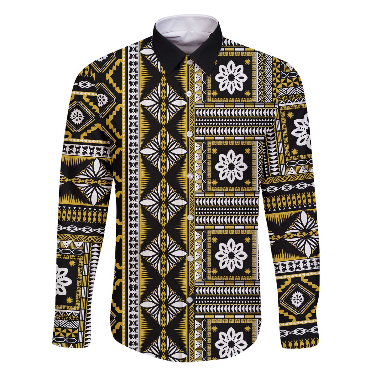 Fiji Masi Tapa Pattern Yellow Family Matching Off The Shoulder Long Sleeve Dress and Hawaiian Shirt - Polynesian Pride