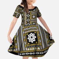 Fiji Masi Tapa Pattern Yellow Family Matching Off Shoulder Maxi Dress and Hawaiian Shirt - Polynesian Pride