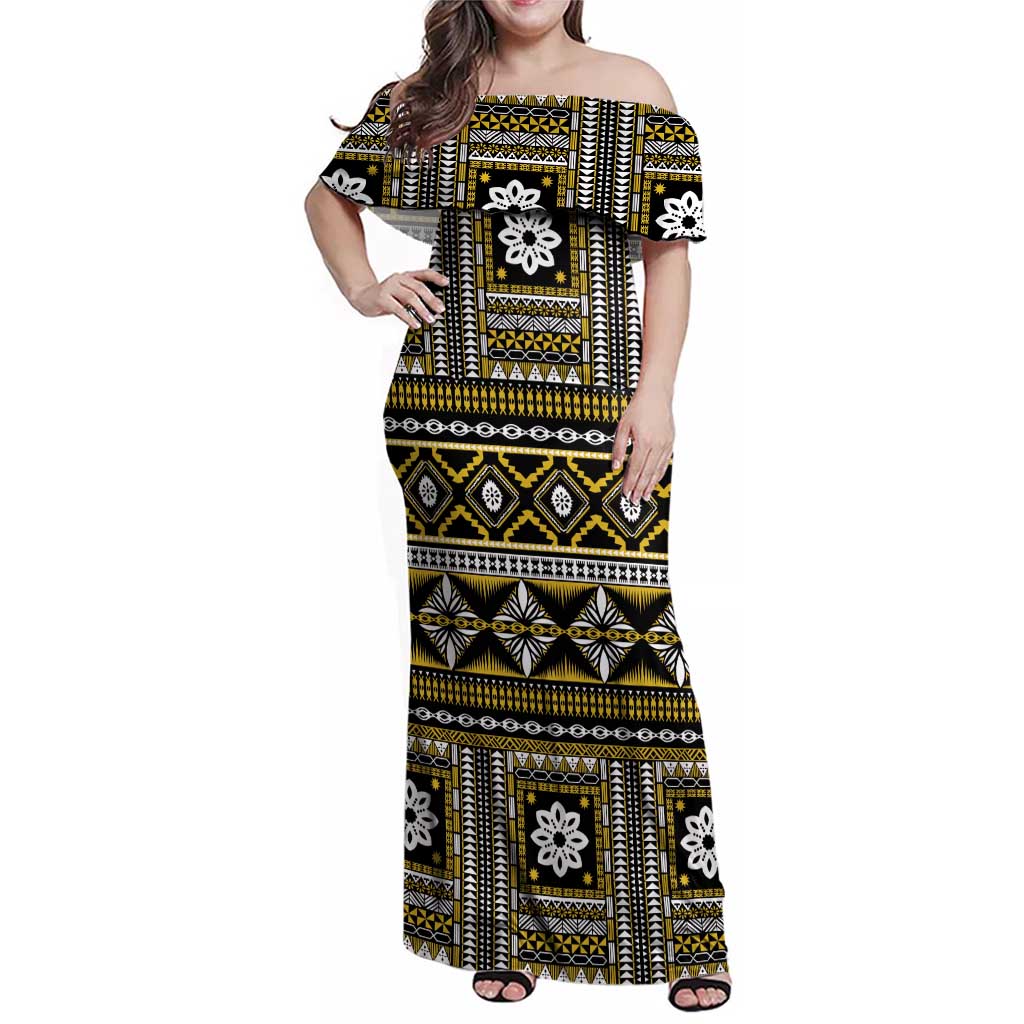 Fiji Masi Tapa Pattern Yellow Family Matching Off Shoulder Maxi Dress and Hawaiian Shirt - Polynesian Pride
