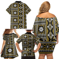 Fiji Masi Tapa Pattern Yellow Family Matching Off Shoulder Short Dress and Hawaiian Shirt - Polynesian Pride