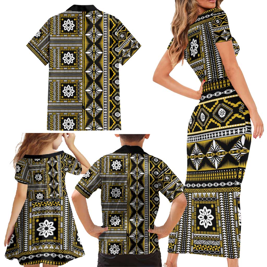 Fiji Masi Tapa Pattern Yellow Family Matching Short Sleeve Bodycon Dress and Hawaiian Shirt - Polynesian Pride
