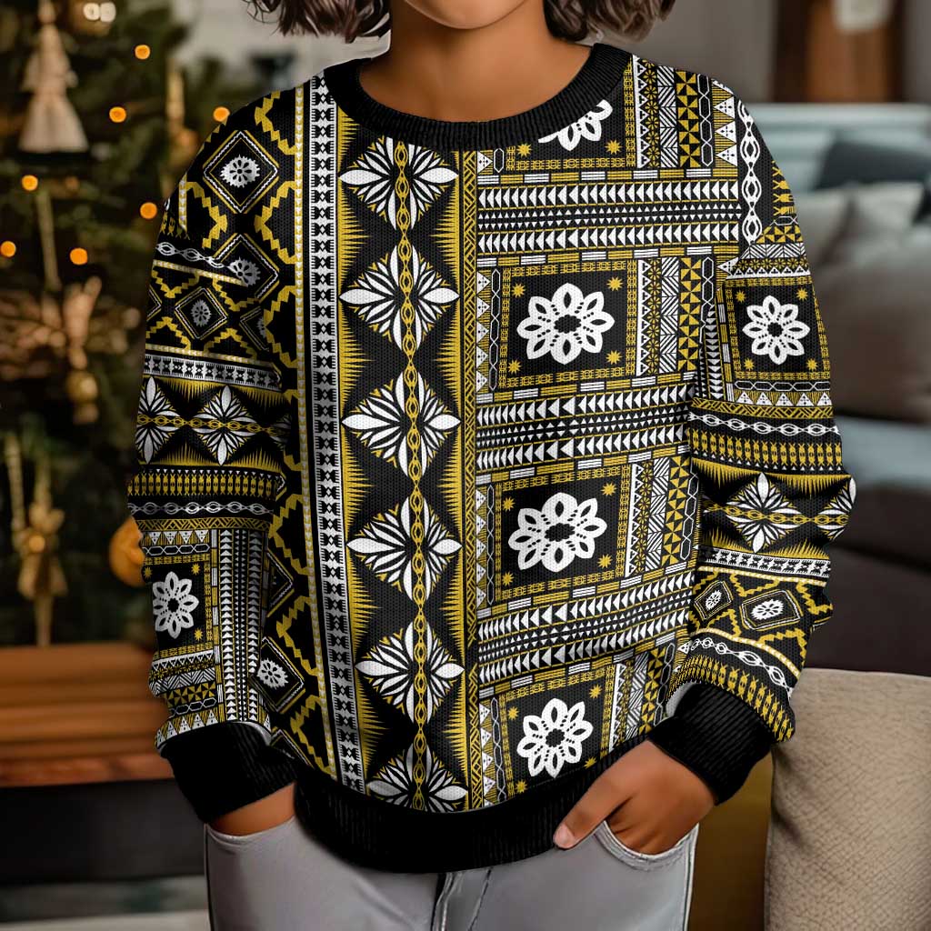 Fiji Masi Tapa Pattern Yellow Kid Ugly Christmas Sweater - Polynesian Pride
