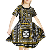 Fiji Masi Tapa Pattern Yellow Kid Short Sleeve Dress - Polynesian Pride