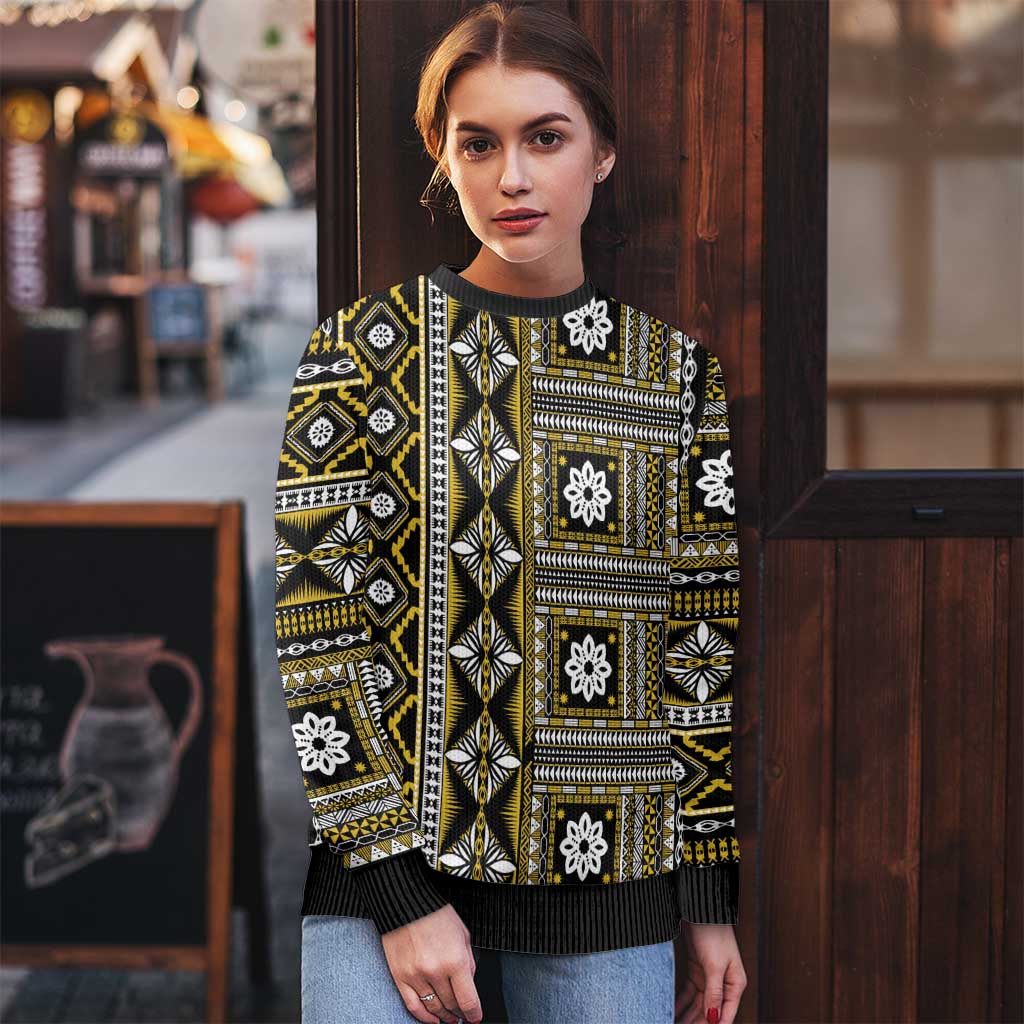 Fiji Masi Tapa Pattern Yellow Ugly Christmas Sweater - Polynesian Pride