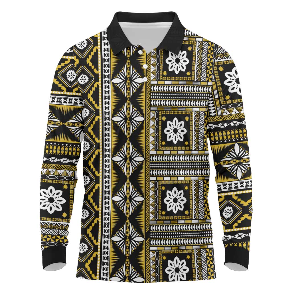 Fiji Masi Tapa Pattern Yellow Long Sleeve Polo Shirt - Polynesian Pride