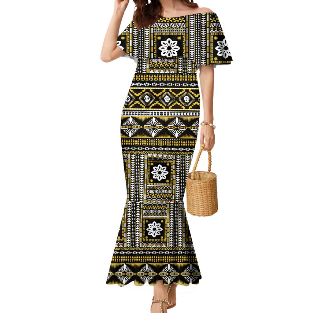 Fiji Masi Tapa Pattern Yellow Mermaid Dress - Polynesian Pride
