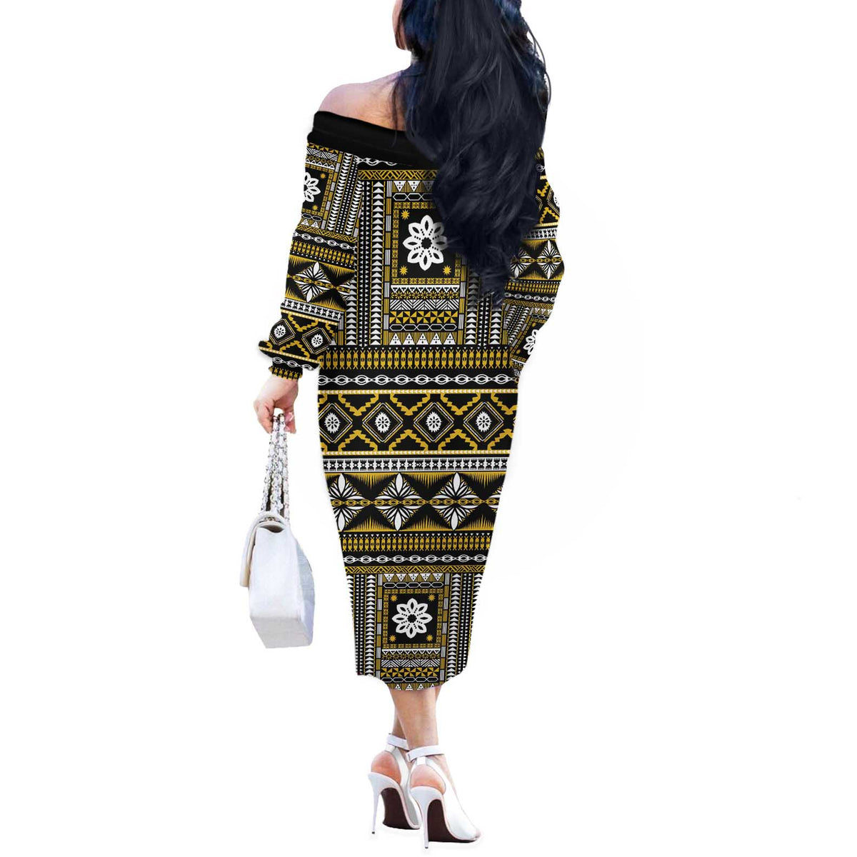 Fiji Masi Tapa Pattern Yellow Off The Shoulder Long Sleeve Dress - Polynesian Pride
