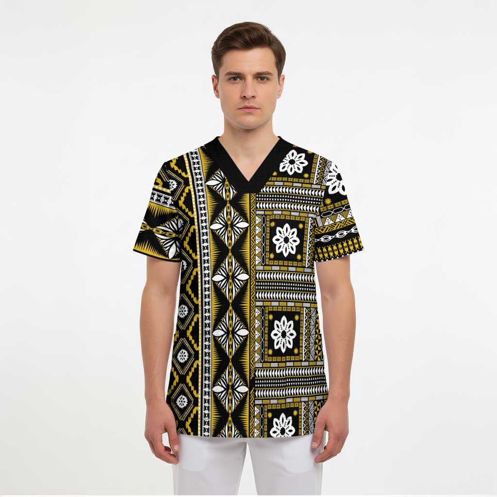 Fiji Masi Tapa Pattern Yellow Scrub Top - Polynesian Pride