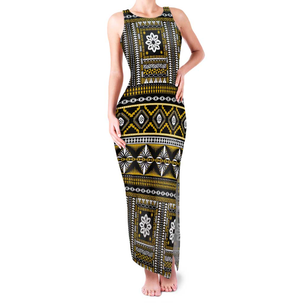 Fiji Masi Tapa Pattern Yellow Tank Maxi Dress - Polynesian Pride